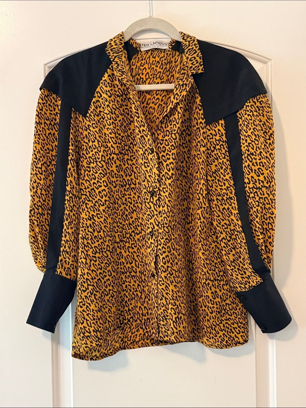 Vintage Silk Leopard-Print Button-Down Shirt with Black Trim by Ted Lapidus